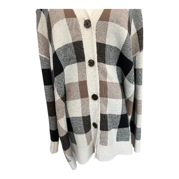 ๐ โจ NWOT LOFT Brown Beige Black Cream Plaid Button Front Cardigan | Size XL - Picture 2 of 8